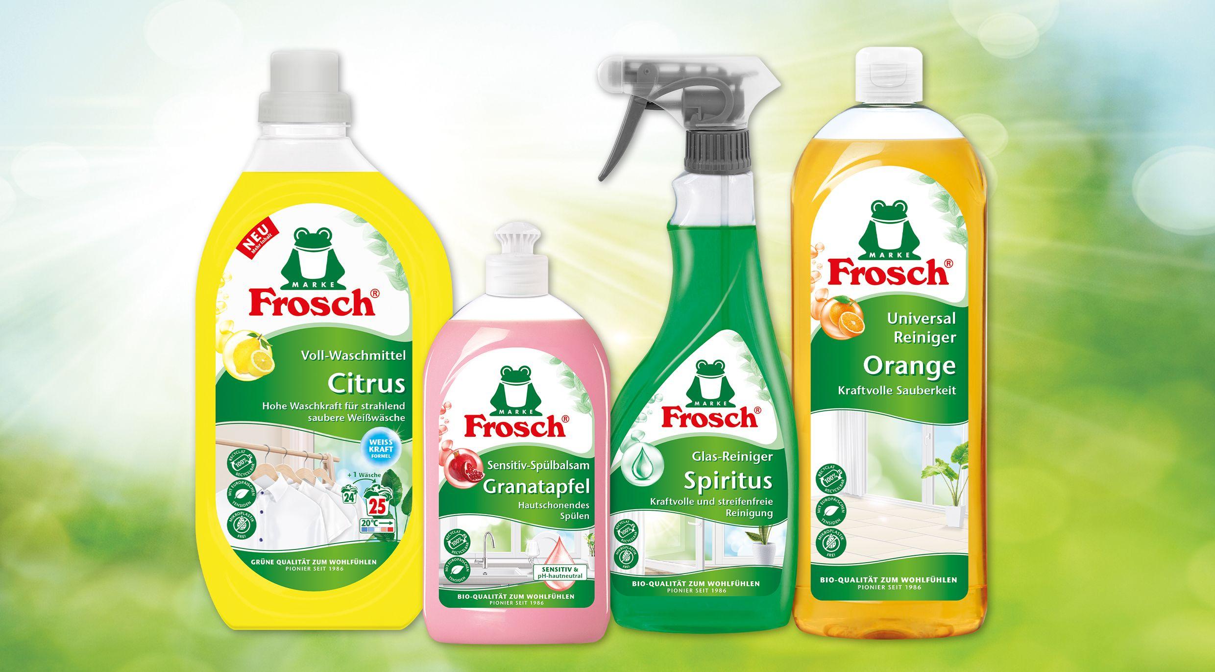 Mehrere Frosch-Reinigungsprodukte in Vorderansicht.